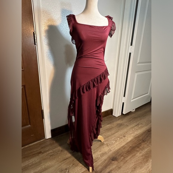 Elegant wine color fun fairy pirate ruffles dress comfy stretchy woman size m - Picture 15 of 17